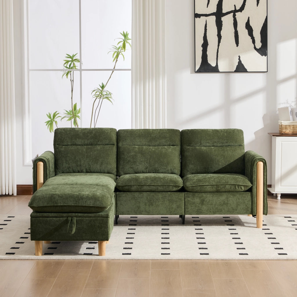 Divano ad angolo con pouf contenitore e tasche laterali chaise longue reversibile in ciniglia verde 201 × 77 × 86 cm