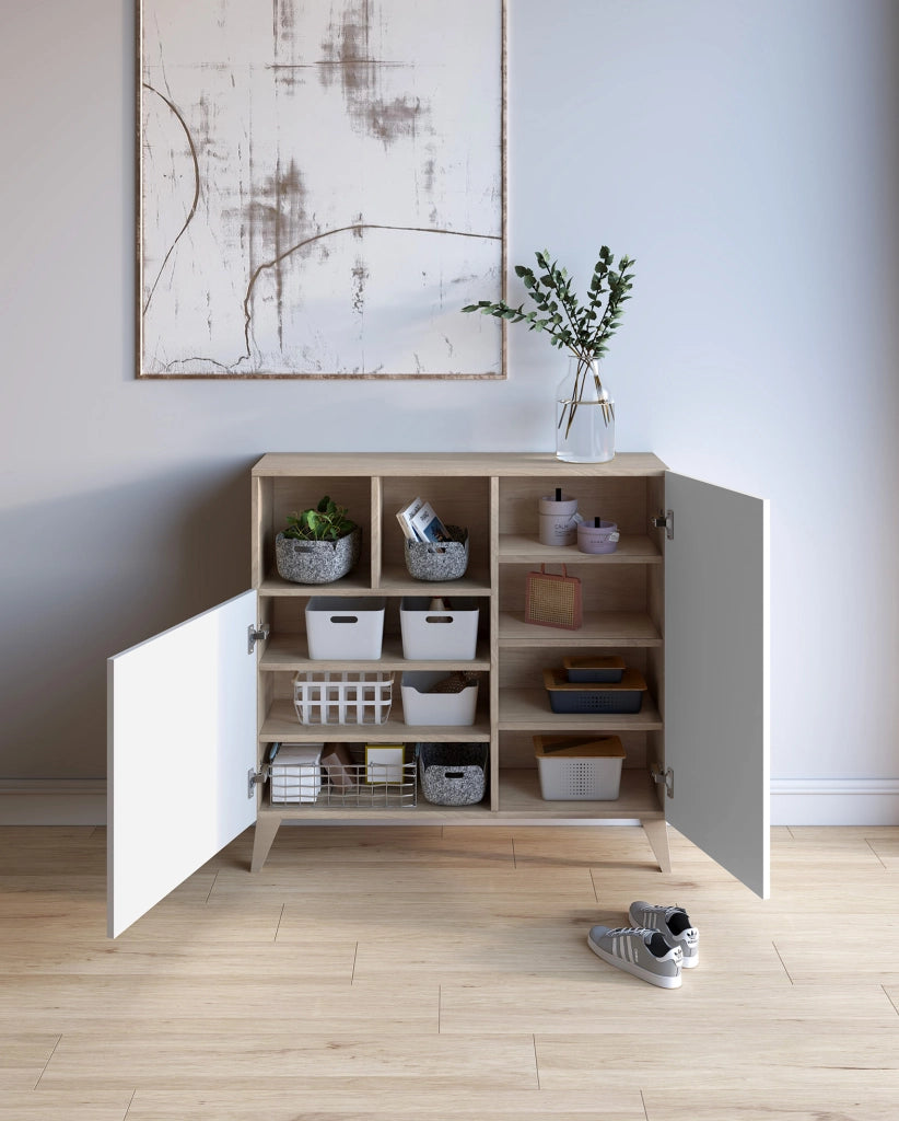 Scarpiera Herdasa effetto rovere chiaro ante bianche 87x90x27