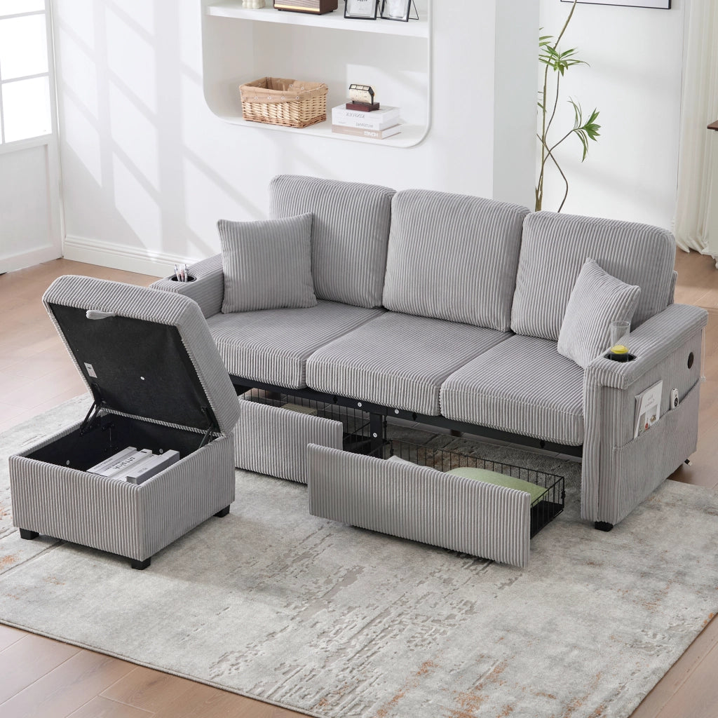 DIVANO Modulare con LED, USB/TypeC, contenitore, 194x73x81 cm, Grigio chiaro