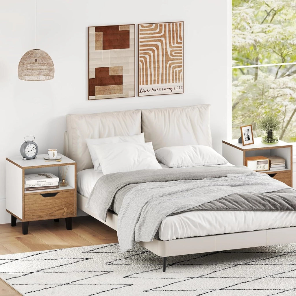 Set di 2 Comodini 37 x 33 x 44 cm, Tavolini da Letto con Cassetto, Scomparto Aperto e Gambe in Metallo, Mobile Laterale per Camera da Letto, Salotto e Soggiorno, Naturale e Bianco (2)