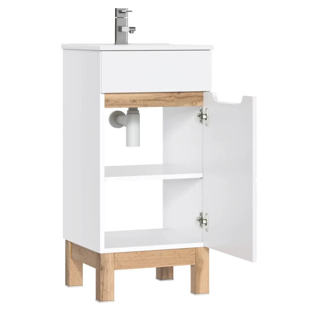 Mobile sottolavabo ERMANO – Rovere chiaro e bianco lucido – 40x84 cm – 1 porta – Da appoggiare
