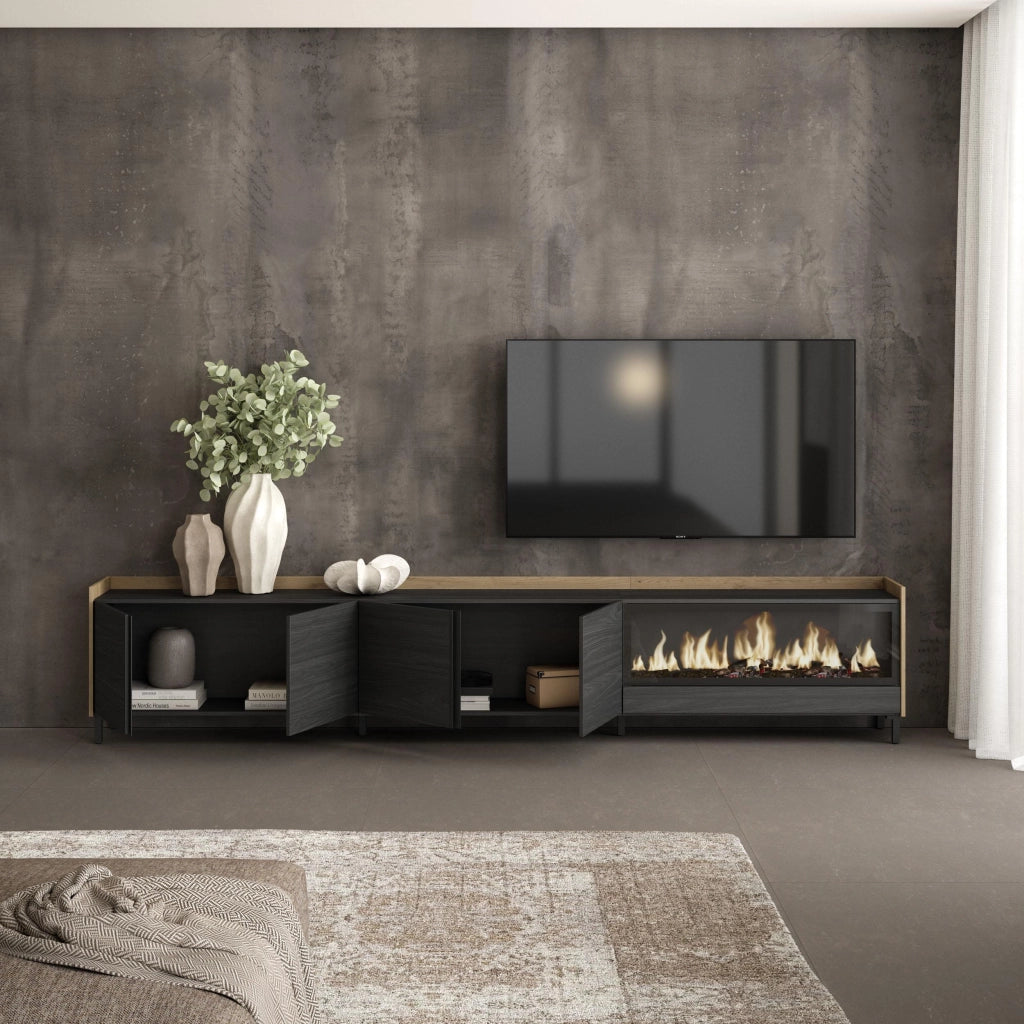 Mobile TV Soggiorno, 315x61x35 cm, Per TV fino a 80", Camino elettrico XXL, Design industriale, Nero e rovere