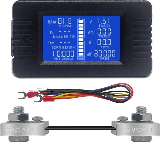 Multimetro LCD digitale con misurazione di tensione, corrente e resistenza, monitoraggio dell'energia e dello stato di carica, con display LCD e rilevamento DC 0-200V e 100A con shunt.