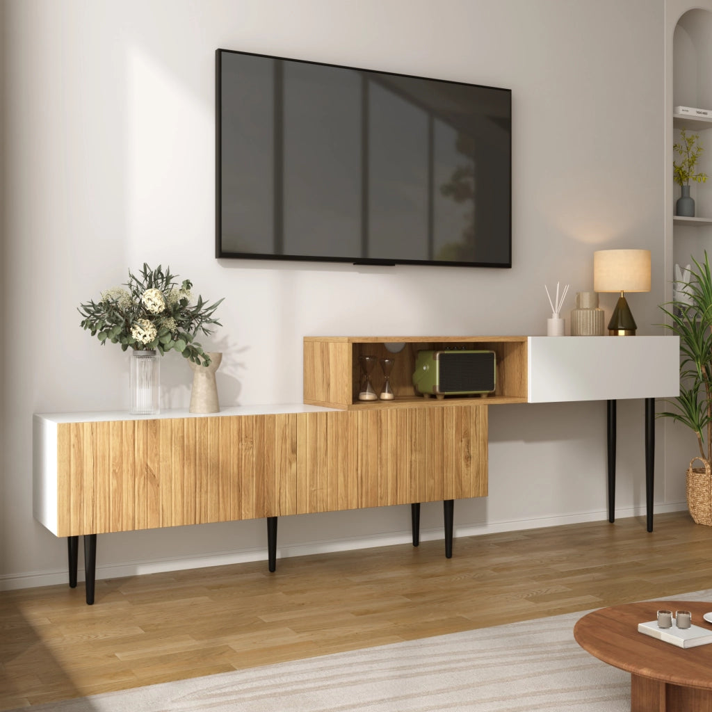 Mobile TV Modulare 2 Pezzi con 3 Ante a Ribalta e Passacavi; Stile Moderno; 240??30??63;5 cm; in MDF; Bianco e Legno