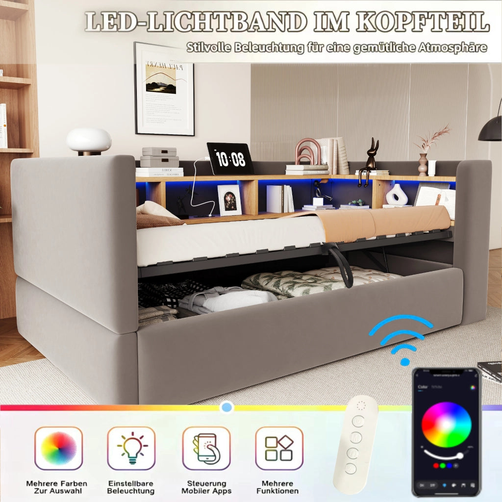 Letto imbottito singolo 90 × 190 cm con contenitore, LED e prese, in flanella, grigio scuro