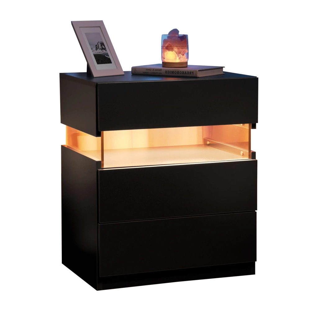 Comodino con LED e 3 cassetti, in legno ingegnerizzato, per camera da letto e soggiorno, nero, 60 × 46 × 22 cm