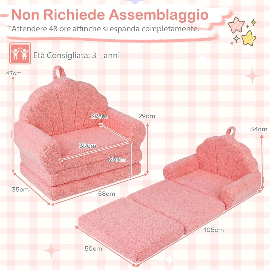 Divano Pieghevole per Bambini, Divanetto Trasformabile 2 in 1 con Rivestimento in Tessuto Morbido e Fondo Antiscivolo, Poltrona Letto Comodo per Bambini per Camere da Letto e Soggiorno (Rosa)