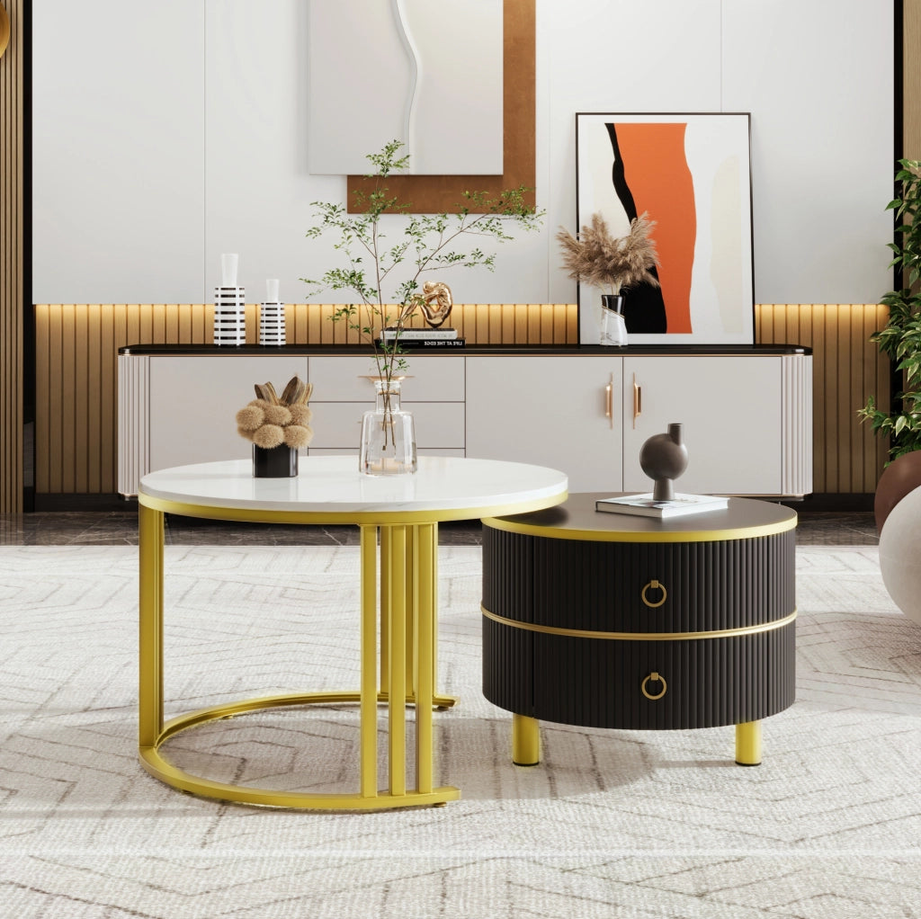 Set di 2 tavolini da caffè rotondi nero e oro con cassetti