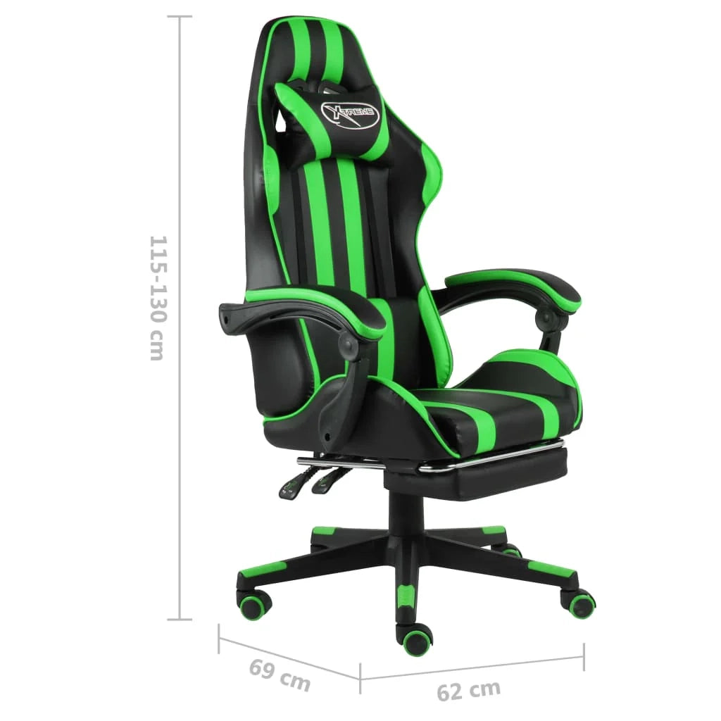 Sedia girevole da ufficio/studio per uso computer videogiochi con poggiapiedi e similpelle verde 02_0024220