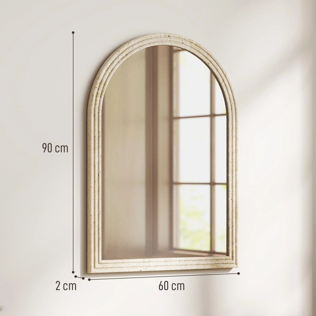 Specchio da Parete ad Arco con Bordo Scanalato e Ganci. in Vetro e Polistirene. 60x2x90 cm. Beige