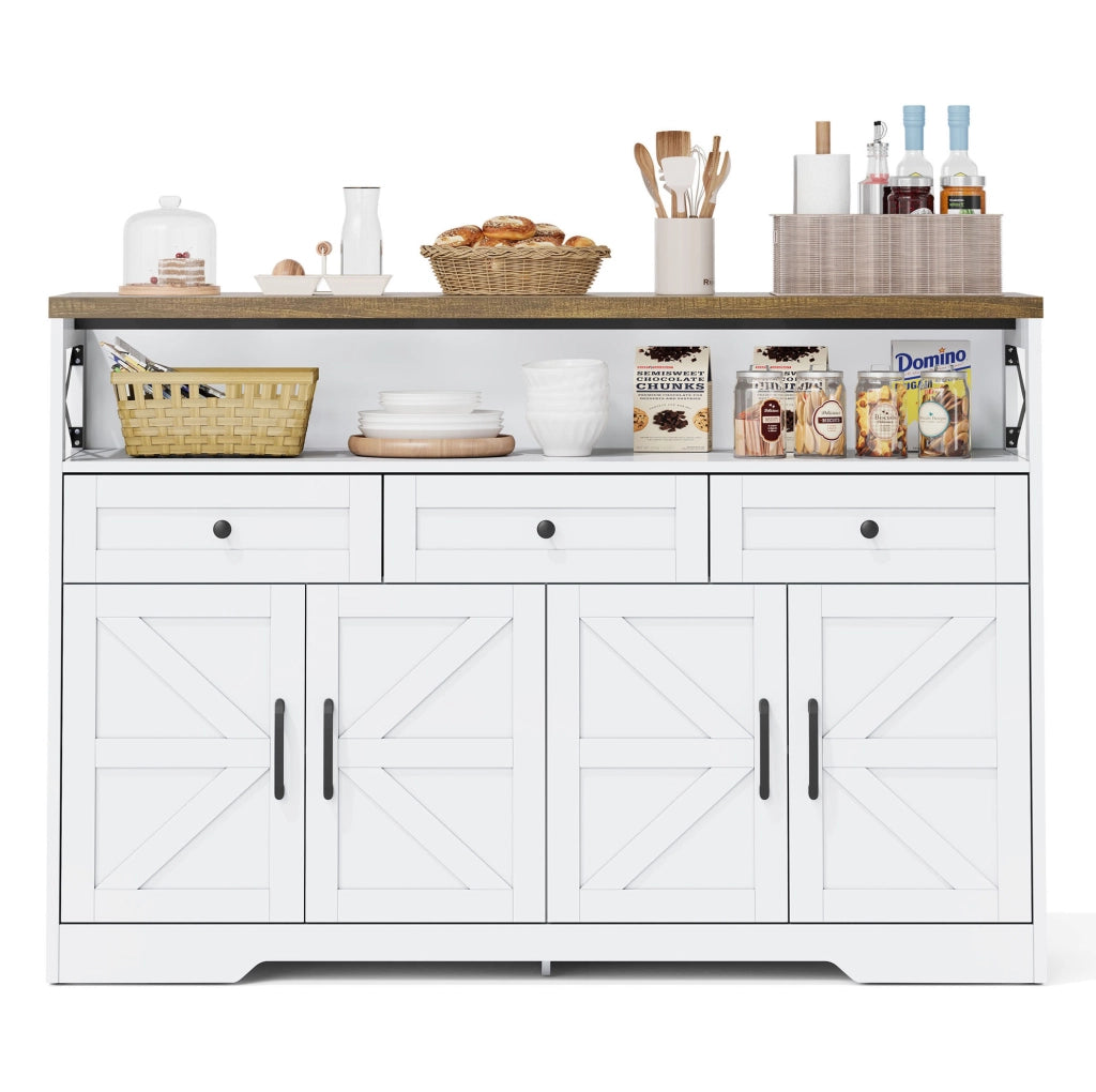 Buffet 140 cm con 3 cassetti; 2 ante e vano aperto; MDF; marrone e bianco