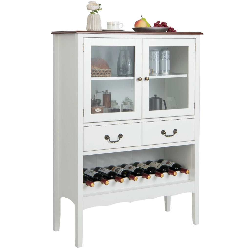 Mobile contenitore indipendente con 2 porte in vetro 2 cassetti, Stazione bar ad angolo per sala da pranzo Bianco-Credenze buffet