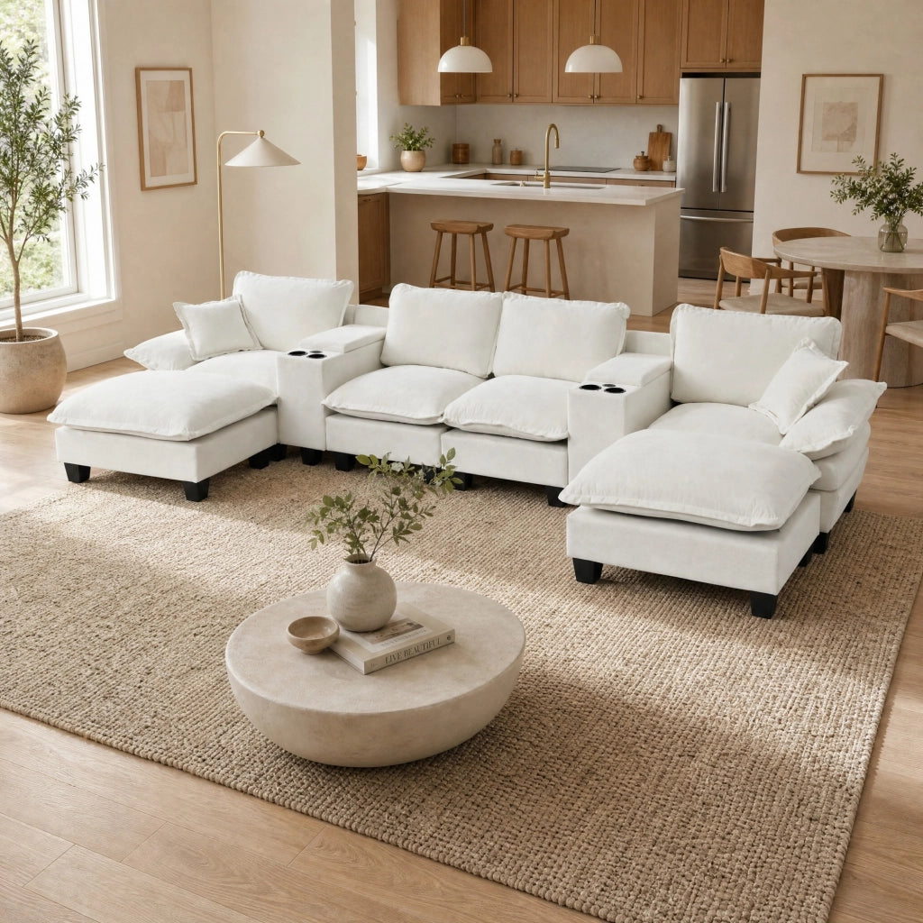 Divano panoramico a U modulare con contenitore; portabicchieri e USB in chenille beige 392×151×90 cm