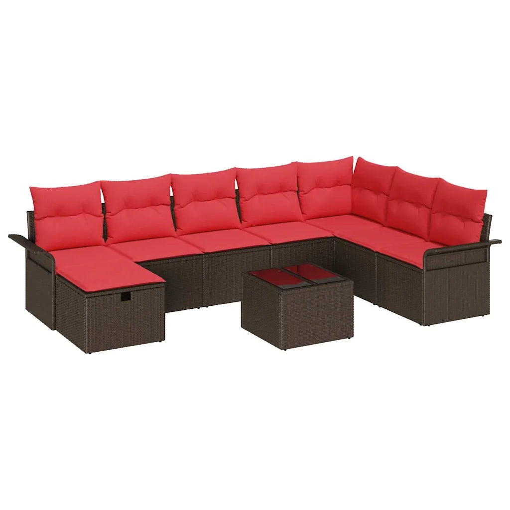 Set Divano da Giardino 9 pcs Marrone e Rosso polyrattan