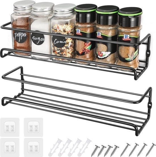 Set di 2 Kruidrekken per Parete - Metallo, Senza Fori, Con Viti Autoadesive per Porte e Porte Cucina - Nero