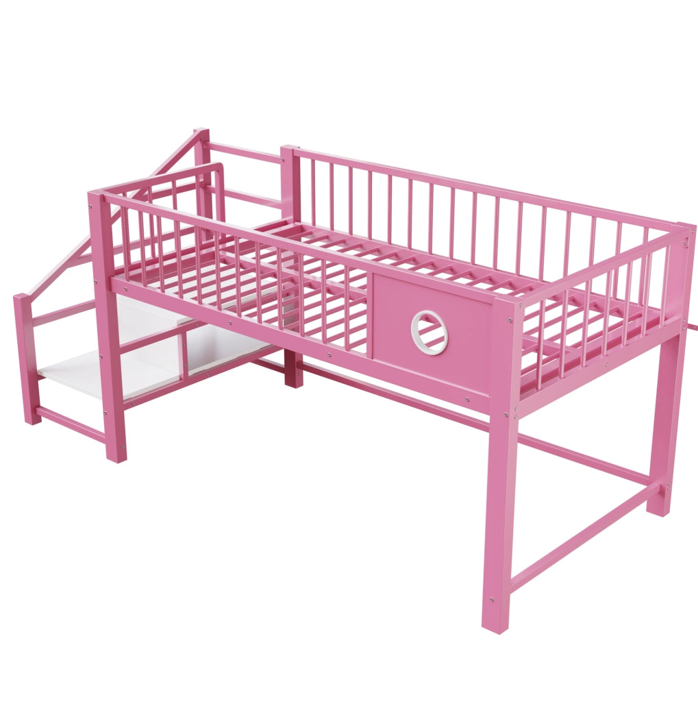 Letto a soppalco 90x200 cm con scala contenitore e vano sottostante in metallo rosa