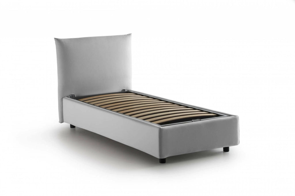 Letto singolo Ippolito, Letto contenitore con rivestimento in tessuto, Made in Italy, Apertura frontale, adatto per materasso cm 80x190, Bianco