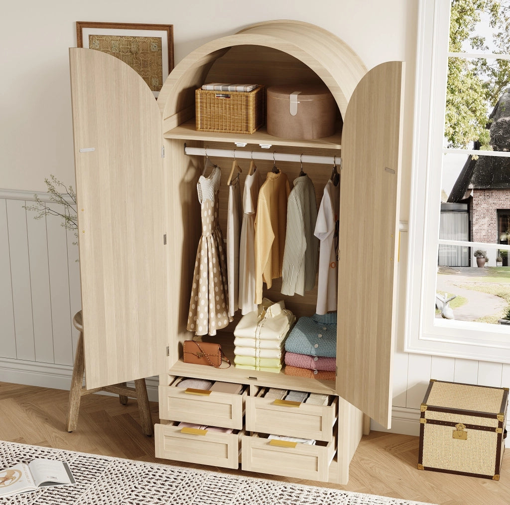 Armadio moderno con ante curve e inserti in rattan 80x50x179 cm; MDF colore quercia