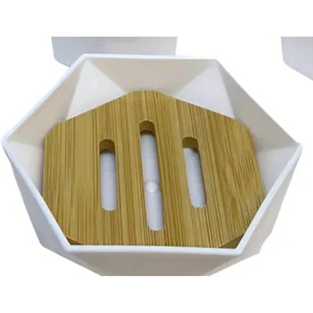 Trade Shop - Piattino Porta Sapone Saponetta Forma Esagonale Geometrico Bianco Legno Da Bagno 10838 -