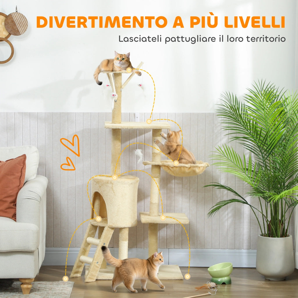 Albero Tiragraffi per Gatti 60x35x134 cm con Casetta Trespolo Piattaforme e 4 Topolini Appesi in Truciolato e Sisal