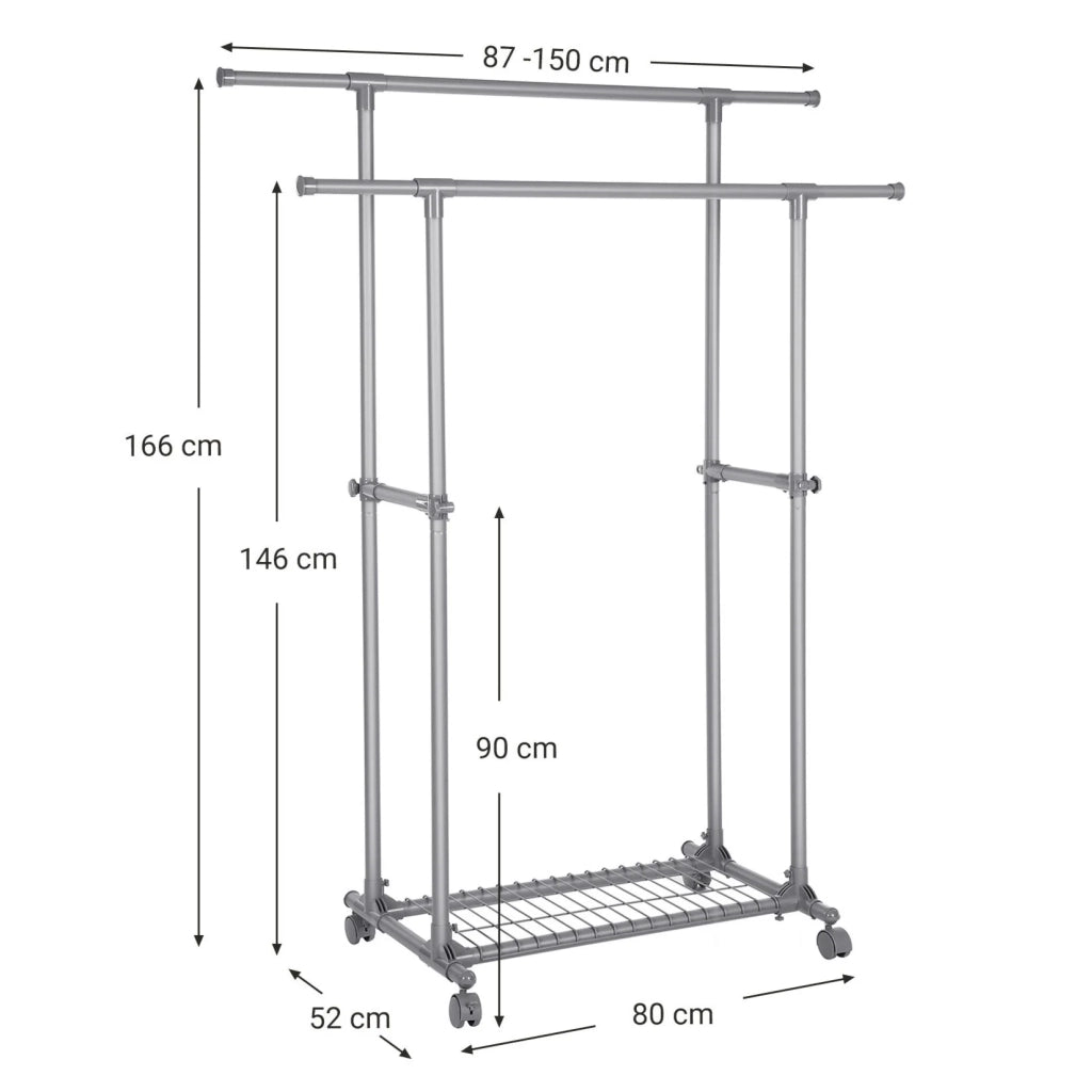 Appendiabiti mobile a doppia barra estensibile da 87 a 150 cm con ruote e ripiano portaoggetti portata 70 kg per cappotti e sciarpe grigio 12_0003488