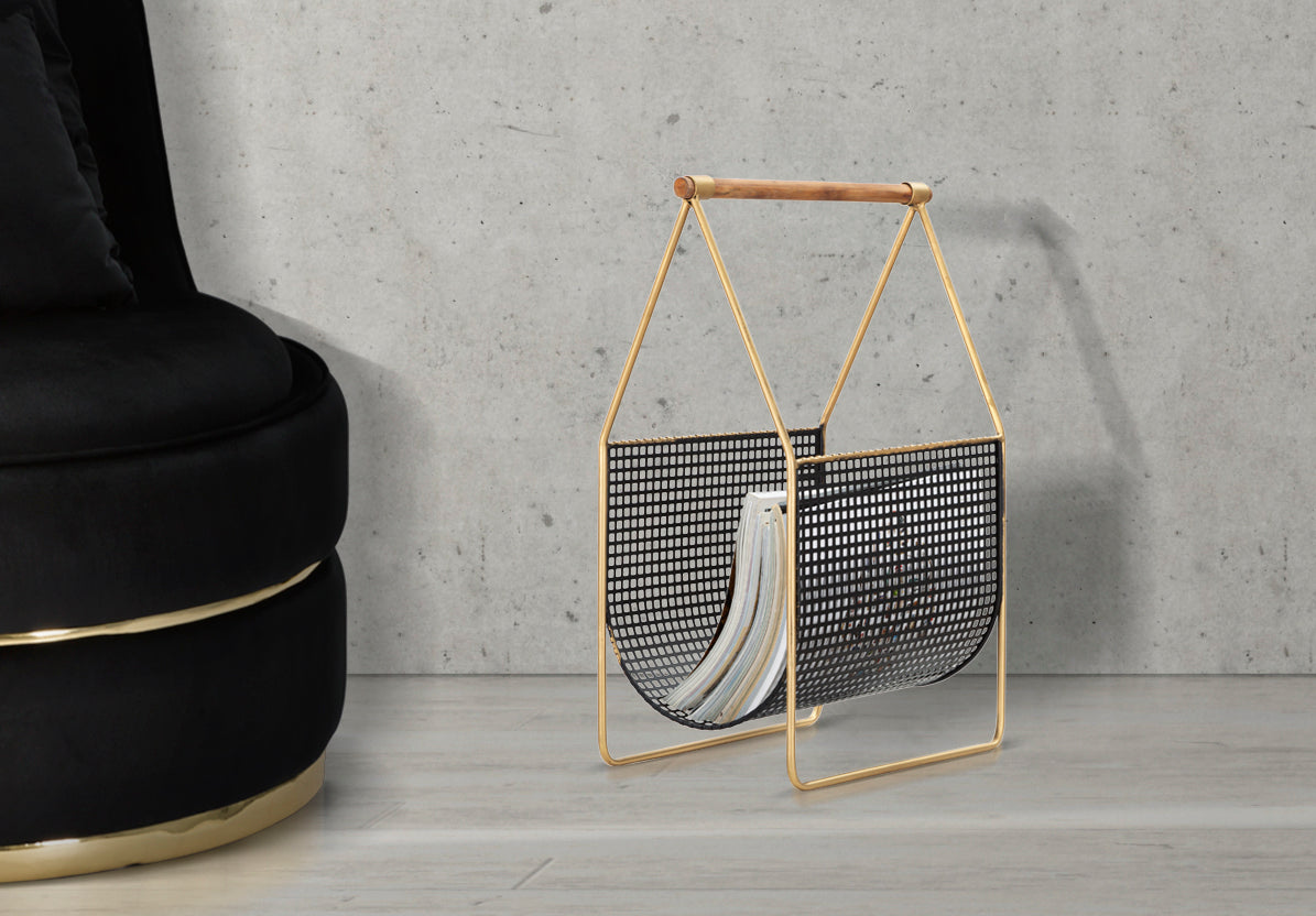 Porta Giornali Fashion 37x23x54,5 cm Legno di Abete e in Ferro Nero e Oro