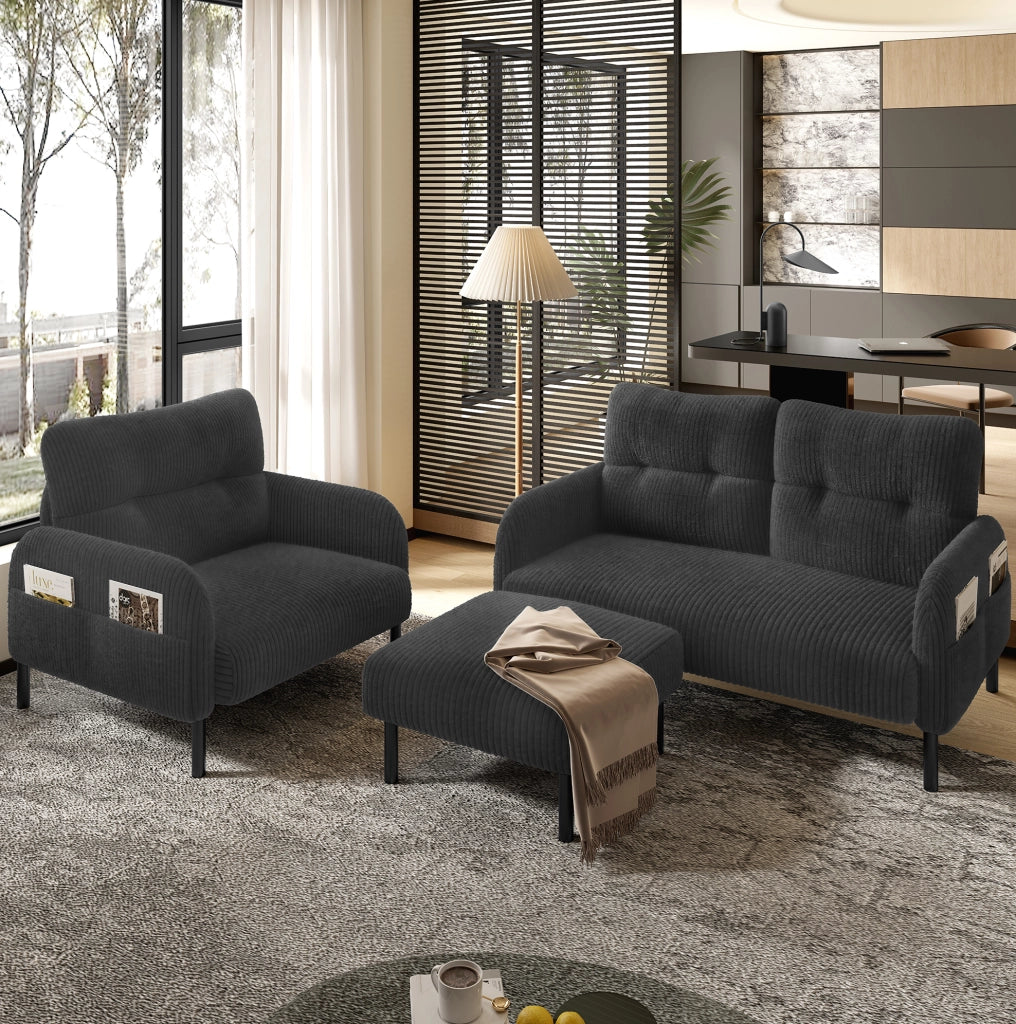 Pouf in corduroy grigio 56 x 51 x 39 cm con struttura in metallo; versatile per soggiorno e camera da letto