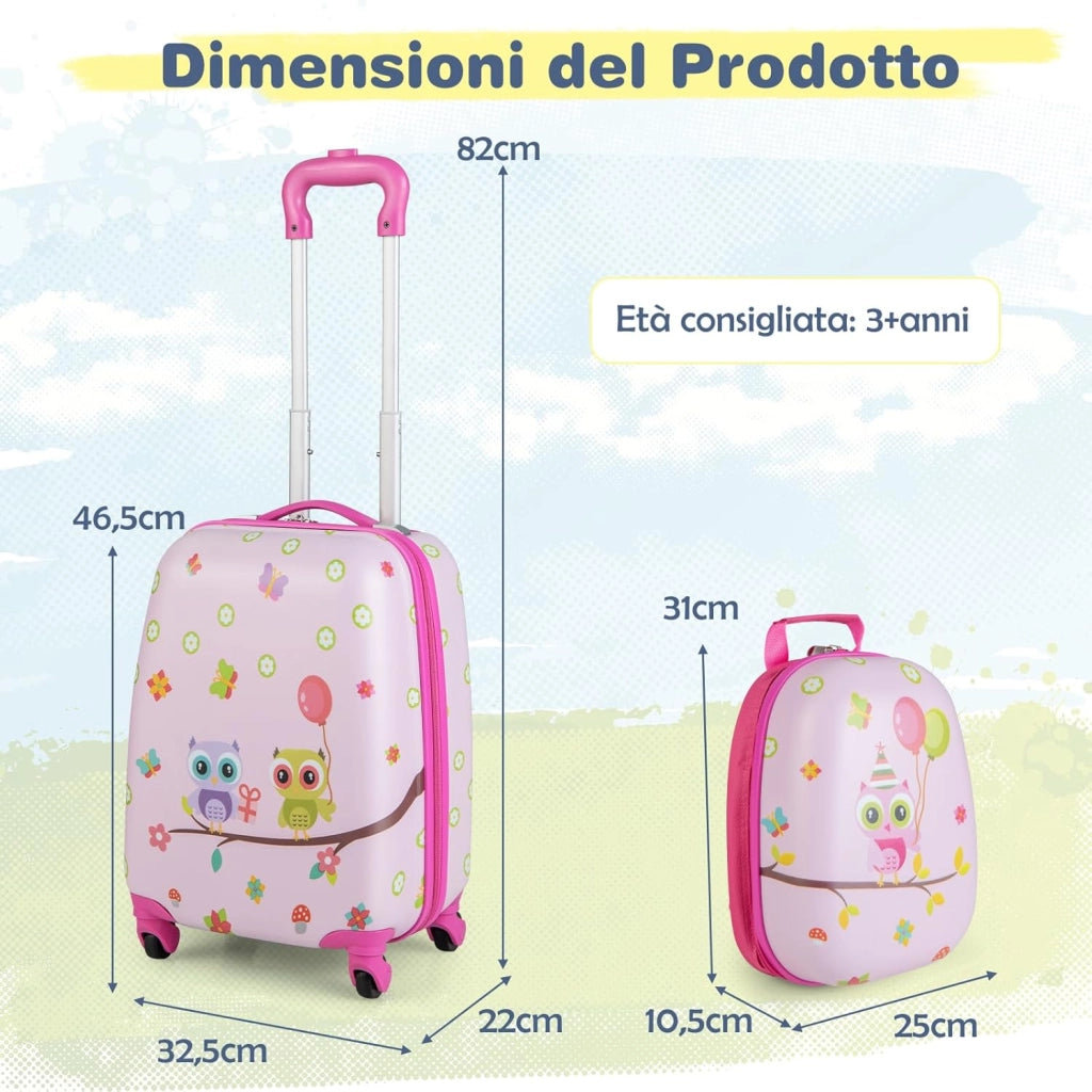 Set di Valigia per Bambini, 16" Valigia+ 12" Zaino, 2 Pezzi, con Ruote Girevoli a 360° e Maniglia Retrattile, Ideale per Viaggiare in Modo Comodo e Divertente (Modello 8)
