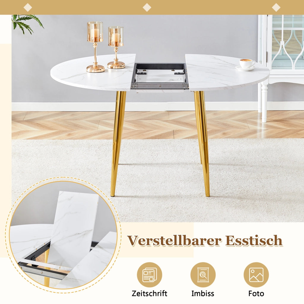 Tavolo da pranzo allungabile rotondo con piano in MDF e gambe in metallo, moderno, con bordi arrotondati, bianco