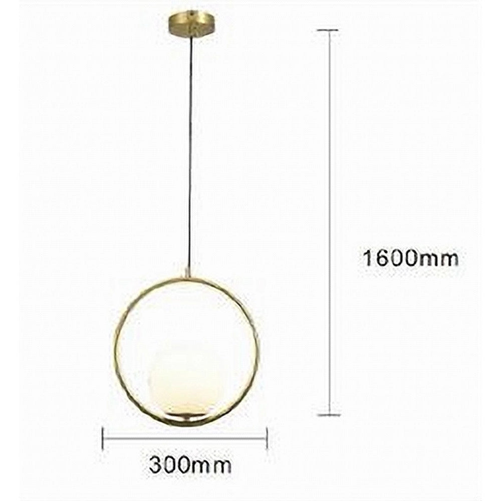 Trade Shop - Lampadario A Sospensione Cerchio Metallo Con Sfera Vetro Bianco Attacco E27 Oro 32811 -