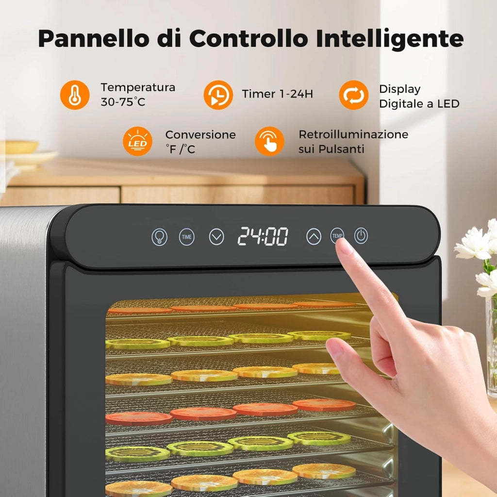 600W Essiccatore Alimentare, Disidratatore per Cibo in Acciaio Inox con 7 Vassoi Timer 24 Ore e Temperatura da 30-75℃, Accessori Inclusi, Disidratare per Carne Frutta Verdure