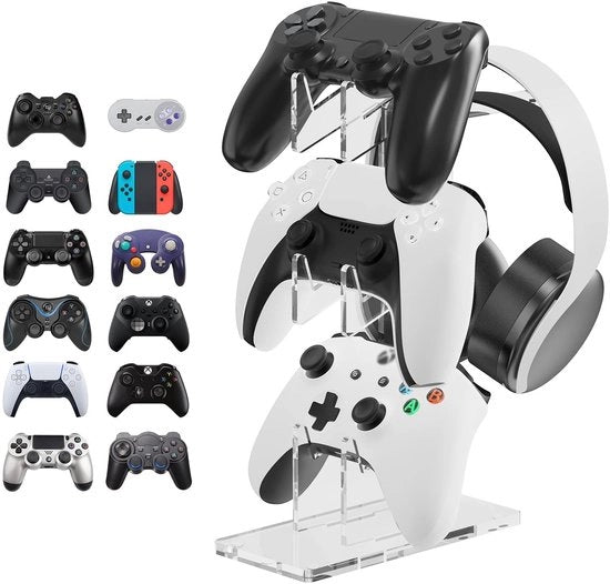 Supporto per Controller - Accessori per Giochi - Risparmio di Spazio - Bianco - Supporto per Headset - Adatto per PS5, PS4, Switch Pro, Xbox - 3-...