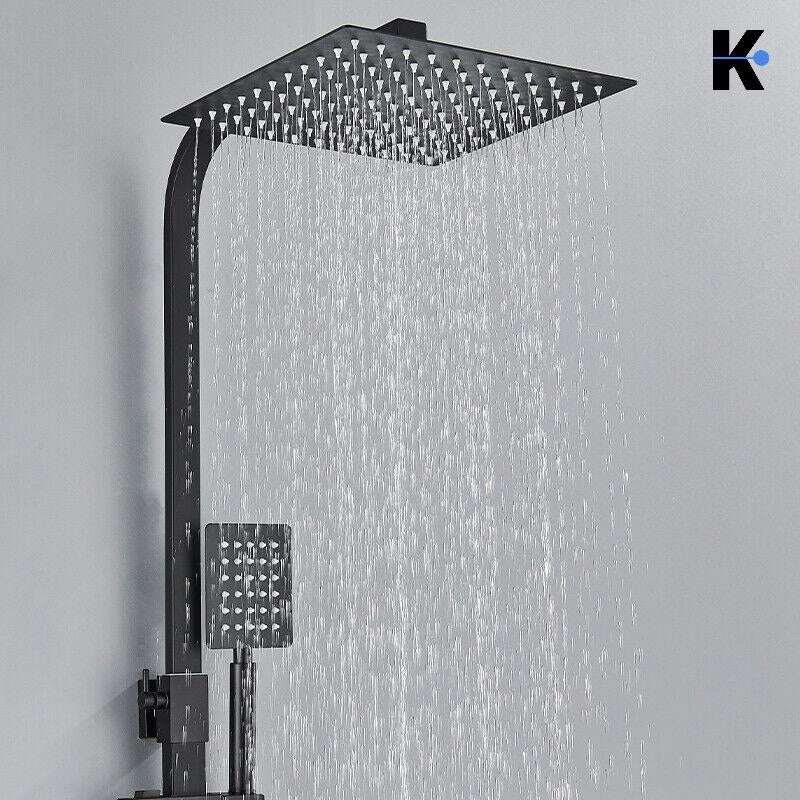 LANA | Set doccia a pioggia premium in acciaio inox nero opaco | Sistema doccia con miscelatore di design | Miscelatore doccia completo di doccetta