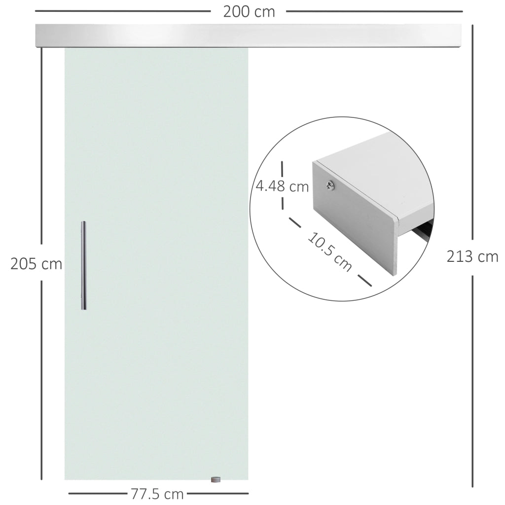 Porta Scorrevole Interna in Vetro Smerigliato con Binario B1 e Maniglia per Bagno Cucina Studio Vetro 205x 77.5x 0.8cm