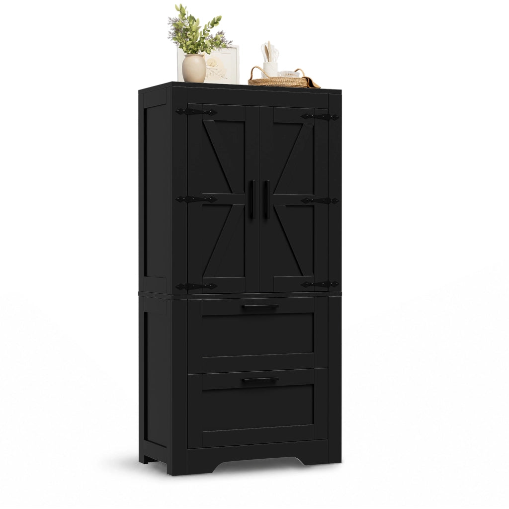 Credenza alta da cucina in stile rustico, con 2 cassetti, ripiani regolabili, struttura autoportante, colore nero
