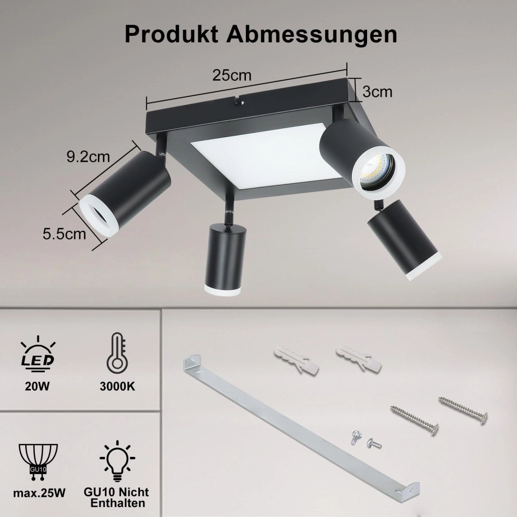ZMH Faretto da soffitto 4 lampadine GU10 3000k 20W lampada da cucina nera lampada da corridoio girevole bianco caldo