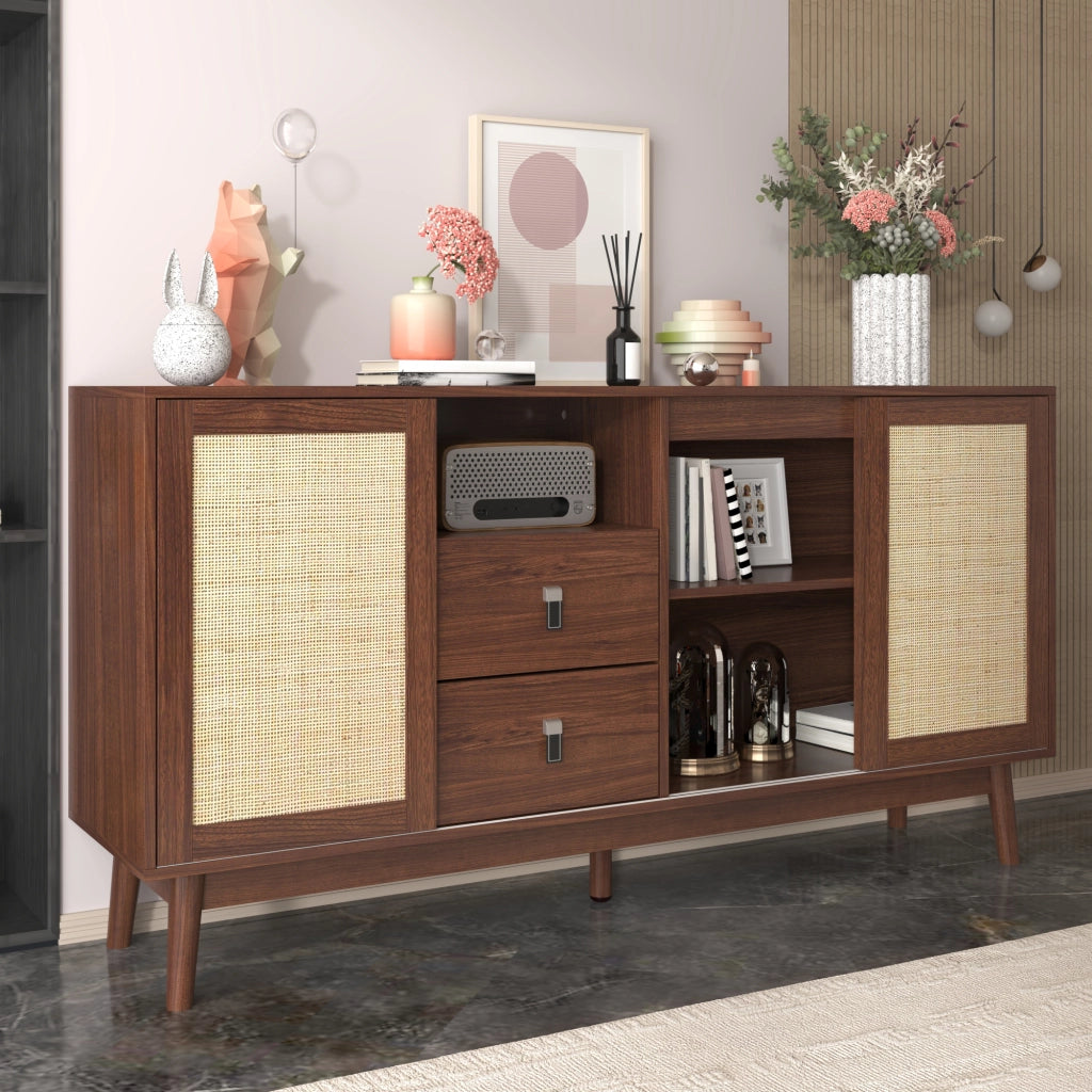 Credenza con 3 Ante Scorrevoli in Rattan e 2 Cassetti; Stile Naturale; in MDF; 155??38??80 cm; Legno