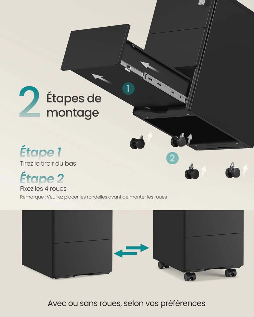 Cassettiera mobile per ufficio 39 x 45 x 55 cm chiudibile a chiave con 3 cassetti per archiviazione documenti e cancelleria preassemblata per ufficio o home office nera 12_0004823