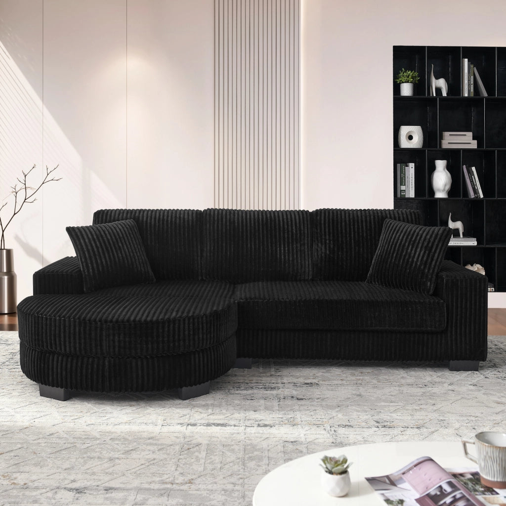 Divano Angolare 4 Posti con Poggiapiedi ¨C MINIMAL ¨C Velluto a Coste Nero 256x134x89 cm