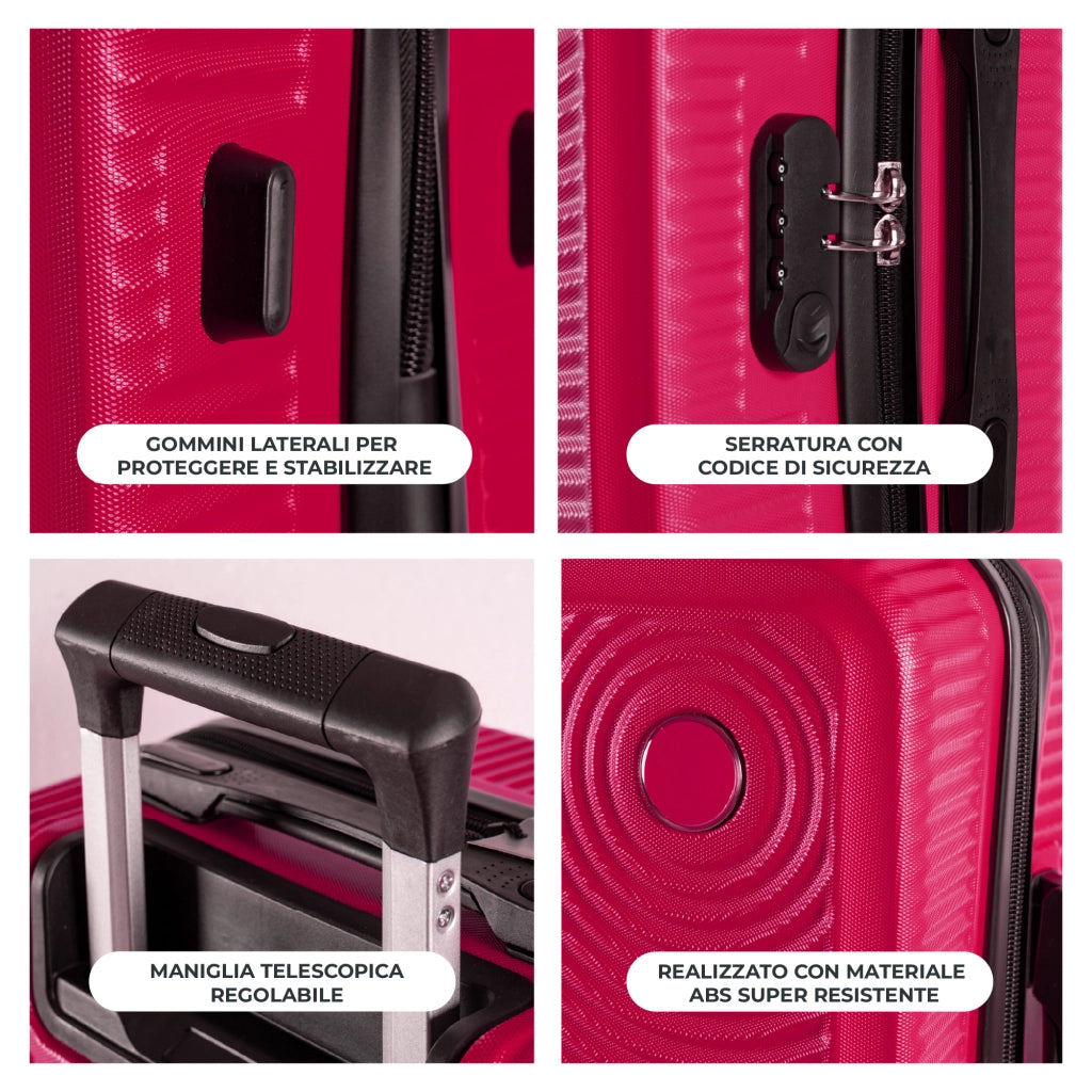 Trolley Bagaglio Mano Rigido 54x33x22 Piccolo Ultraleggero Valigia In Abs Con 4 Ruote Rimovibili Manico Chiusura Di Sicurezza Per Compagnie Low Cost Economy Zaino Da Viaggio Fuxia