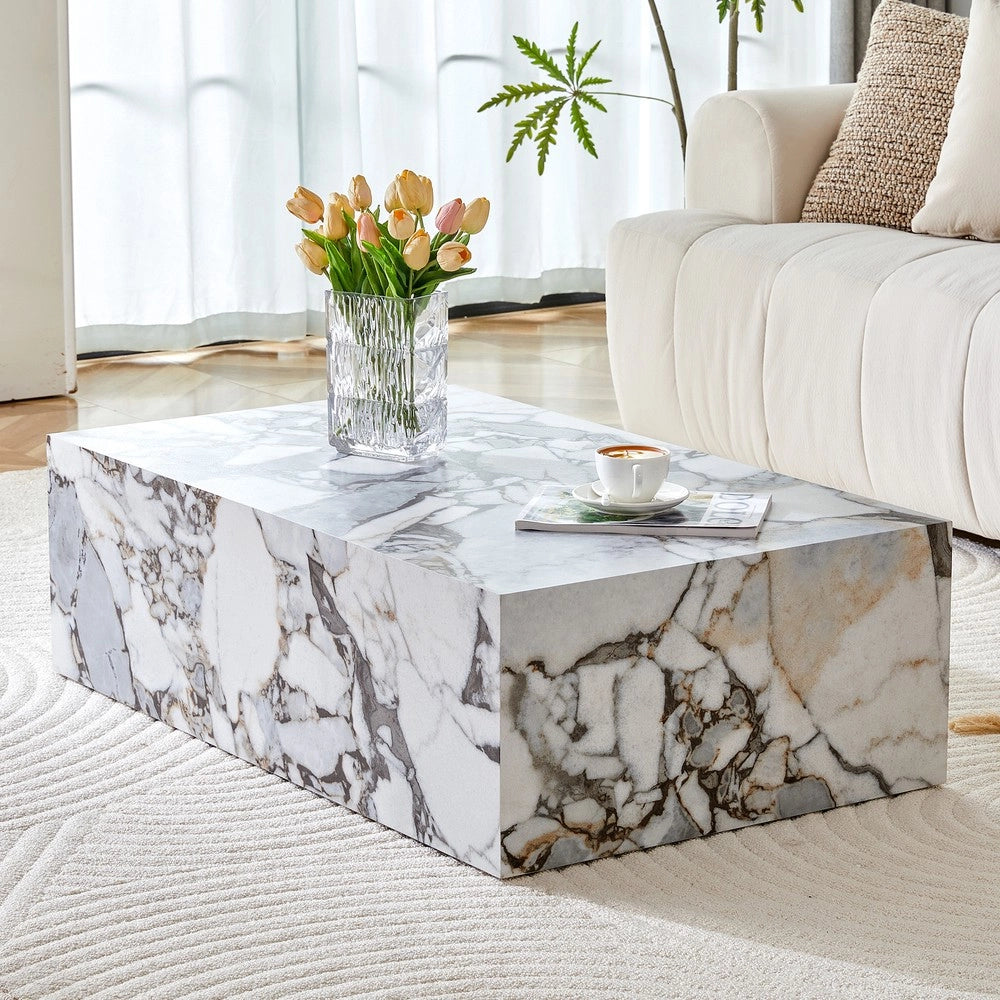 Tavolino da Caff¨¨ Rettangolare ¨C MINIMAL ¨C Bianco Effetto Marmo, MDF, 90x50x30 cm