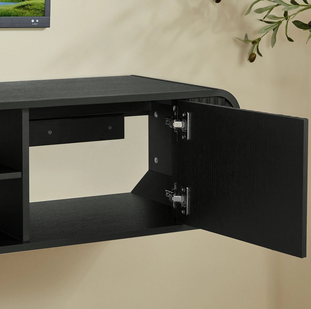 Mobile TV da parete 160 cm con ripiani aperti, mobile sospeso nero per soggiorno e camera