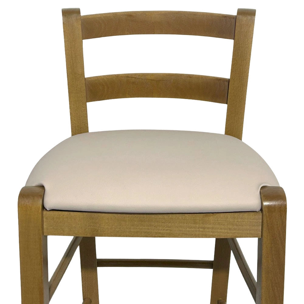 Sgabello in legno noce chiaro con schienale h 66 cm con seduta similpelle beige