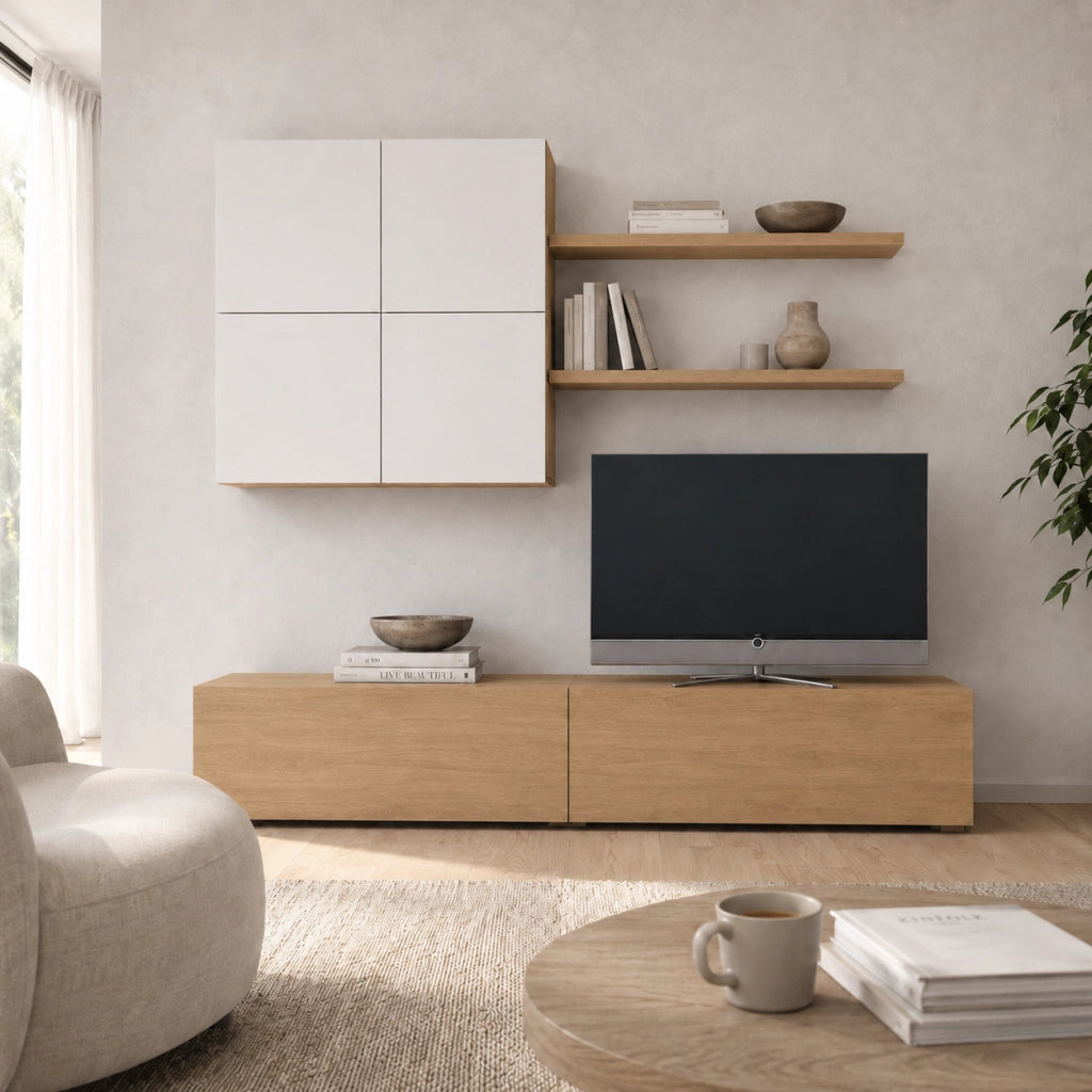 Parete Attrezzata Per Soggiorno Con Base TV 2 Ante Pensile 4 Ante E 2 Mensole Design Contemporaneo In Melaminico Facile Da Pulire Bianco E Rovere