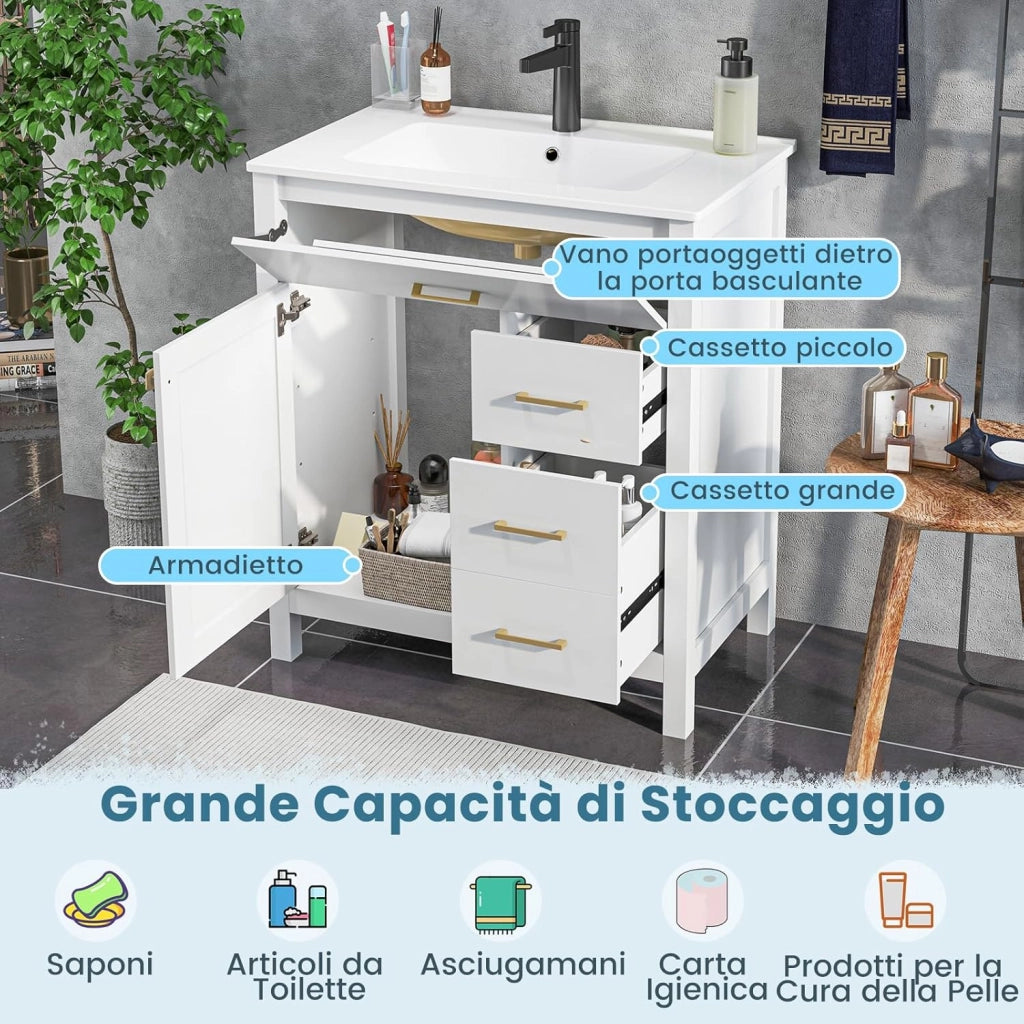 Mobile Sottolavabo per Bagno, Mobiletto da Bagno con 2 Cassetti e 2 Ante, Mobile da Bagno a Terra con Lavandino in Ceramica, 76 x 46,5 x 86 cm, Bianco