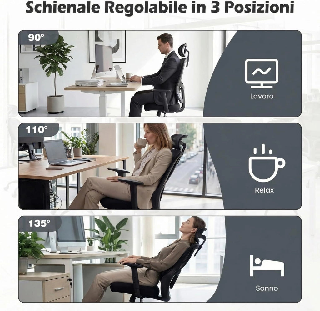Sedia da Ufficio Ergonomica con Poggiatesta, Sedia da Scrivania con Schienale Regolabile, Supporto Lombare e Braccioli, Sedia da Lavoro Girevole per Computer per Casa, Ufficio e Studio