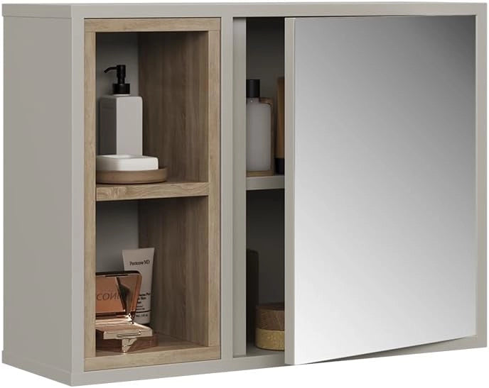 Mobiletto a specchio Elnor, Grigio, con 2 scomparti aperti e 1 anta, per la conservazione di tessili da bagno e combinabile con Elnor