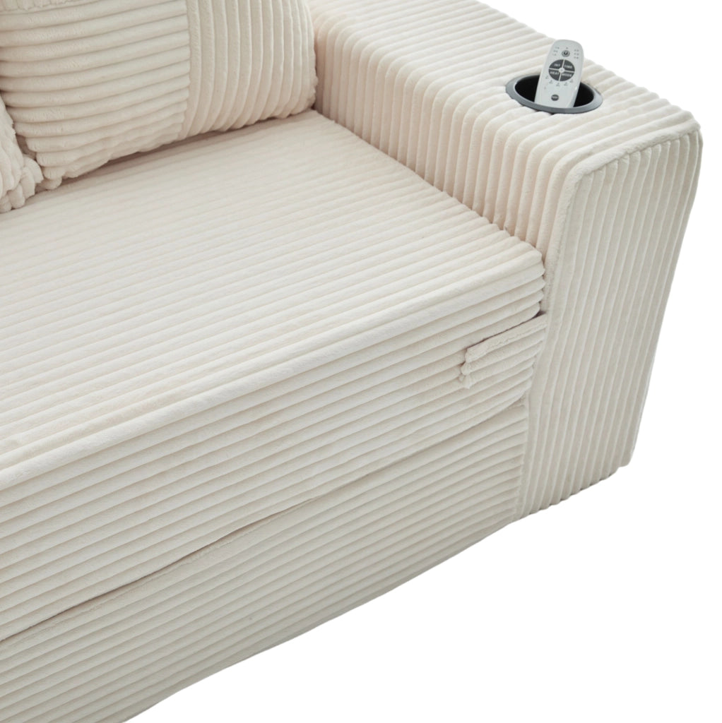 Divano pouf in velluto a coste beige con tasche laterali e 2 cuscini HOMVRA