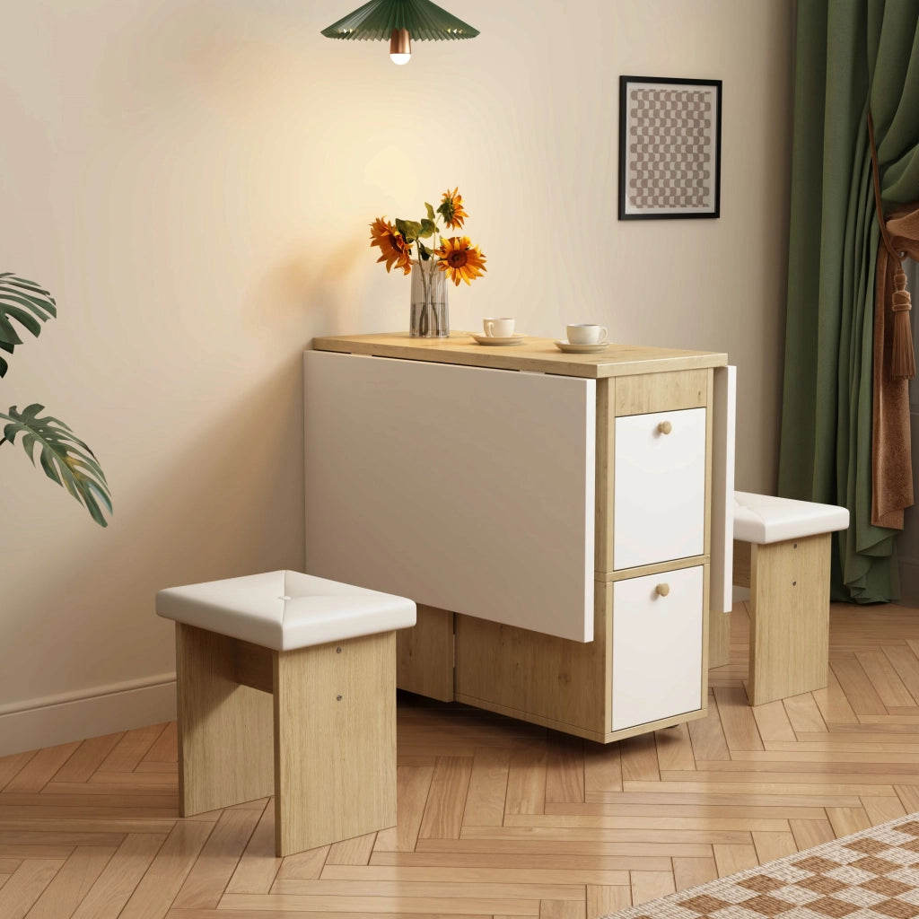 OKWISH Set Tavolo e 4 Sedie da Pranzo Pieghevole e Salvaspazio, Multifunzionale, in Pannello di Particelle Bianco e Rovere