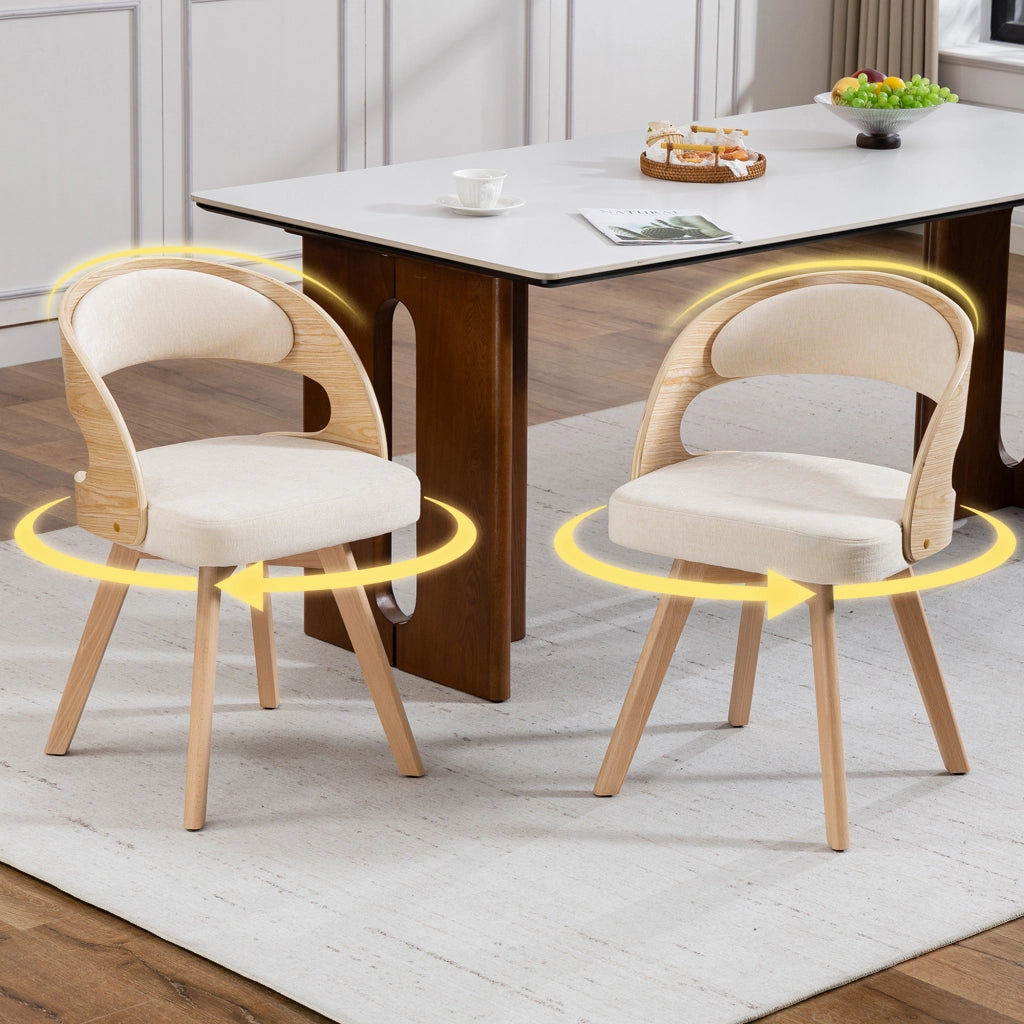 Sedia da Pranzo Girevole in Legno con Cuscino ¨C MINIMAL ¨C Schienale Curvo, Tessuto Cotone Lino